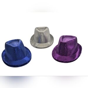 NWT Solid Color Sequins Glitter Party Fedora Hats - Blue, Silver, & Purple